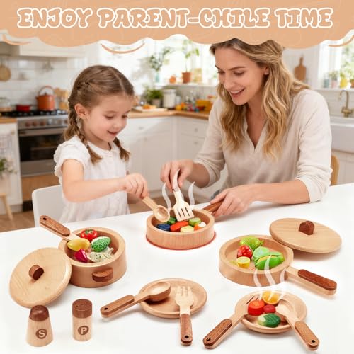 WHOHOLL 15 Pcs Wooden Pots and Pans Set, Play Kitchen Accessories Toy with Plates Utensils Storage Bag, Montessori Pretend Cookware Playset Gift for Kids Ages 3 4 5 6 (Standard) - size: Standard