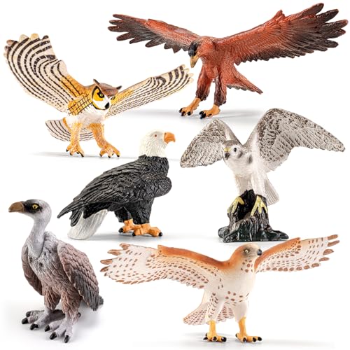 6PCS 6" Large Birds of Prey Animal Figurines,Include Hawk,Eagle,Owl,Falcon & Vulture Figures,Solid Plastic Zoo Animal Models Toys, Birthday Gift Cake Toppers Party Favors for Boys Girls - style: Realistic