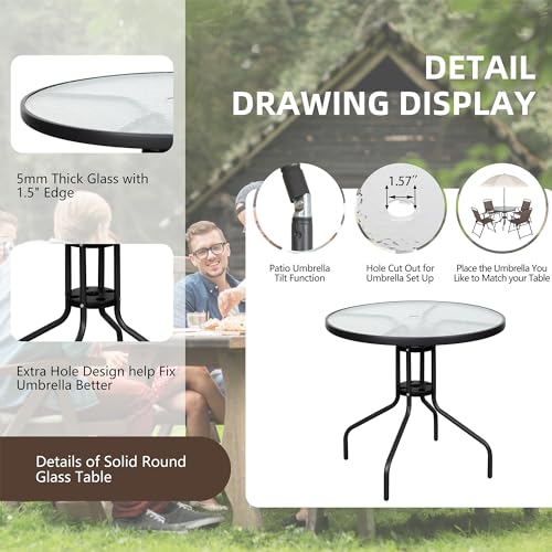 Vongrasig 6 Pieces Folding Patio Dining Set, All Weather Small Metal Outdoor Table and Chairs Set, Patio Furniture Set w/Umbrella, Glass Table & 4 Folding Chairs for Garden, Lawn, Backyard, Brown - color: Brown