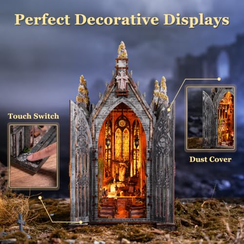fifijoy Book Nook Kit - Abandoned Gothic Church DIY Miniature Dollhouse for Adults and Teens, Booknook Tiny House Bookshelf Decor 3D Wooden Puzzle with LED Lights, Creative Gifts for Family, Friends - color: Abandoned Gothic Church