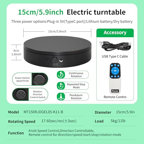 Remote-Controlled Electric Turntable,360° Silent Spinning Display Stand,Speed-adjustable Spinning Platform,Multi-mode Rotating Display Base,Rotating Display Stand For Photography(5.91inch/B) - size: 5.91inch/Black/11Lbs Load