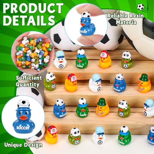 120 Soccer Mini Resin Ducks 6 Styles Bulk Miniature Football Duck Figurines for Soccer Party Favors Team Gifts Goodie Bags Stuffers Tabletop Dollhouse Cake Fairy Garden Micro Landscape Decor