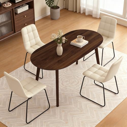 63" Oval Dining Table Set for 4 with Solid Wood Legs - color: Walnut Table C-beige Chairs