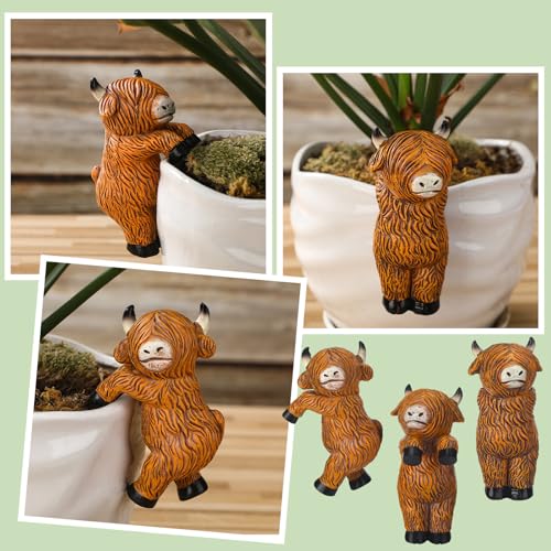 3 Pcs Highland Cow Figure Plant Pot Hanger, Resin Climbing Flower Figurine