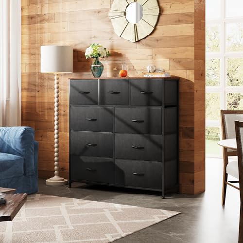 WLIVE Tall Dresser for Bedroom, 9 Drawer Dresser, Black and Rustic Brown - color: Black and Rustic Brown