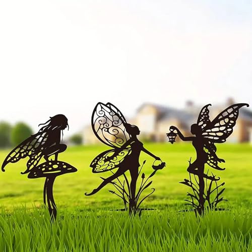 Garden Decoration Fairy Metal Flower Fairy 3-Piece Set Suitable for Yard, Flower Pot, Lawn, Flower Bed Decoration Gifts - color: A-black