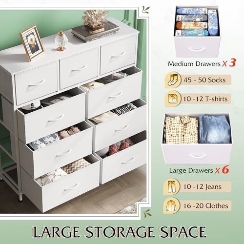 WLIVE Tall Dresser for Bedroom, 9 Drawer Chest of Drawers, White - color: White