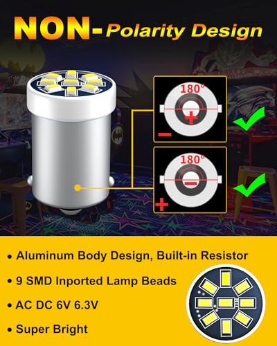 Qasim GE44 47 1893 BA9S Led Bulb Pinball Machine Light AC 6V 6.3V - color: White