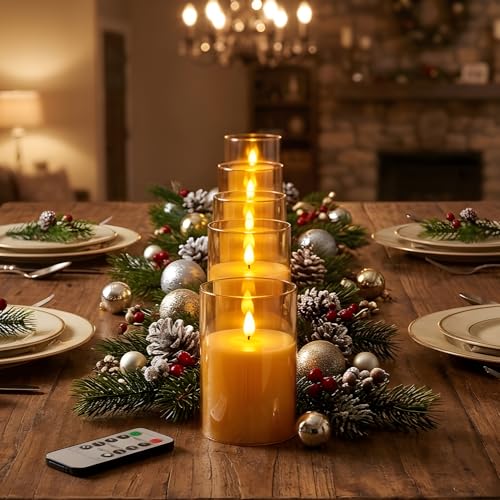 NICEME Amber Flickering Flameless Candles Battery Operated Acrylic LED Pillar Candles with Remote Control and Timer Flameless Halloween Candles for Thanksgiving Christmas New Year Home Decor, Set of 5 - color: Ivory + Amber Acrylic, size: D 3”×H 4”4”5”5”6