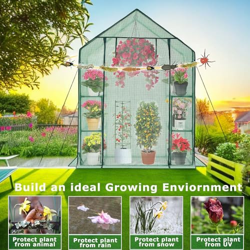 Purlyu Walk-in Greenhouse for Outdoors w/ Mesh Side Windows, 3 Tiers 6 Shelves PE Cover Green House Portable Warm House for Seedling Flowers Growing 20 Pcs T-Type Plant Tags Include (GHW001G) - style: 6 shelf PE(Green)