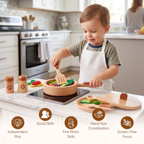WHOHOLL 15 Pcs Wooden Pots and Pans Set - Play Kitchen Accessories Toys - size: Large