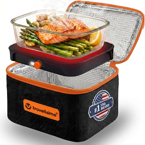 TRAVELISIMO Portable Microwave, Portable Food Warmer For Work & Home Use, Heated Lunch Box 12V/24V/110V, Mini Portable Oven 3-in-1 Food Heater, Electric Lunch Box, Calentador de Comida Portatil - color: Neon Orange