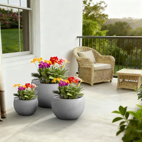 Kante Set of 3 Pale Gray Concrete Bowl Planters 20" 15.7" 11.8" Dia - color: Natural Concrete, size: 19.9"D + 15.7"D + 11.8"D
