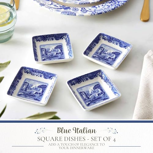 Spode Blue Italian Square Sauce Dishes - Set of 4, 3-Inch Porcelain Mini Serving Bowls with Intricate Scroll Border & Scenic Motif - Decorative Tableware for Condiments & Appetizers