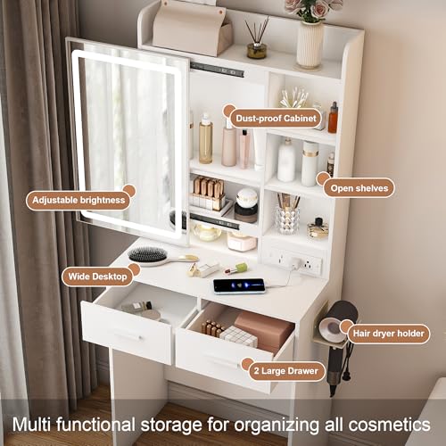 Small Makeup Vanity Desk with Lighted Mirror & Charging Station, Compact Vanity Set with Stool, Hair Dryer Holder, 2 Drawers & Storage Shelves, Space-Saving for Girls Bedroom (White) - color: White