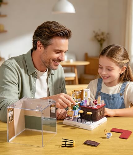 Relax Bar Super Miniature House Kit - DIY Plastic 3D Model Building Set for Teens, Build Your Own Mini Bar Scene with Dustproof Case, Creative Craft Gift for Girls Women - color: Relax Bar, size: Small