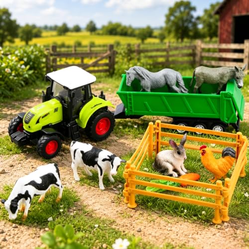 SIENON 26Pcs Mini Realistic Farm Animals Figures with Tractor Toys - size: Mini Farm Toy Tractor Set