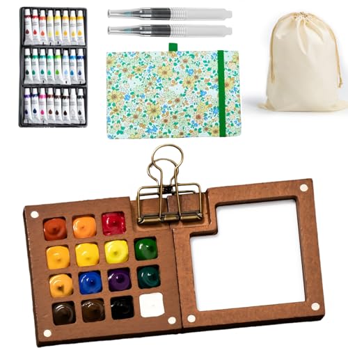 Mini Watercolor Paint Set, Pocket Watercolor Set with 24 Colors Paint, Portable Watercolor Travel Kit for Artists, Beginners & Outdoor Painting, Compact Wooden Palette & Sketchbook in Storage Bag