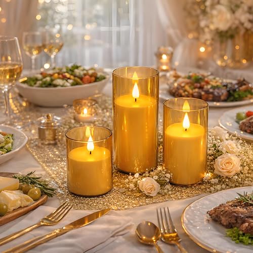 NICEME Flickering Flameless Candles with Remote Timer Unbreakable Acrylic Battery Operated LED Candles with Flickering Flame 3D Wick for Romantic Ambience Home Decor Set of 3, D3” xH4” 5” 6” Amber - color: Ivory + Amber Acrylic, size: D 3”×H 4”5”6”