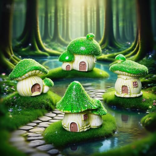 Set of 4 Flocked Miniature Mushroom House Fairy Garden Accessories, Mini Resin Gnome Elf House Figurines for DIY Micro Landscape Decor Outdoor Bonsai, Terrarium, Planter Flower Pot Ornaments - color: Mushroom House