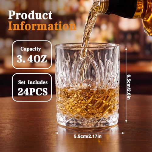 Meanplan 24 Pcs Mini Whiskey Tasting Set - 3.4oz Heavy Base Crystal Rocks Glasses - Vintage Engraved Small Bourbon & Whiskey Tasters for Bar, Parties, and Flight Samplings(Feather Embossed) - style: Feather Embossed