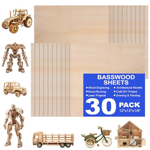 30 Pack 12"x12"x1/8" Basswood Sheets for Crafts,3mm Craft Wood Plywood,Unfinished Wood,for DIY Ornaments and Model Engraving,Wood for Laser Cutting,Architectural Models,Drawing,Wood Burning