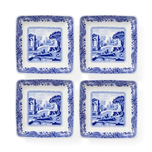 Spode Blue Italian Square Sauce Dishes - Set of 4, 3-Inch Porcelain Mini Serving Bowls with Intricate Scroll Border & Scenic Motif - Decorative Tableware for Condiments & Appetizers