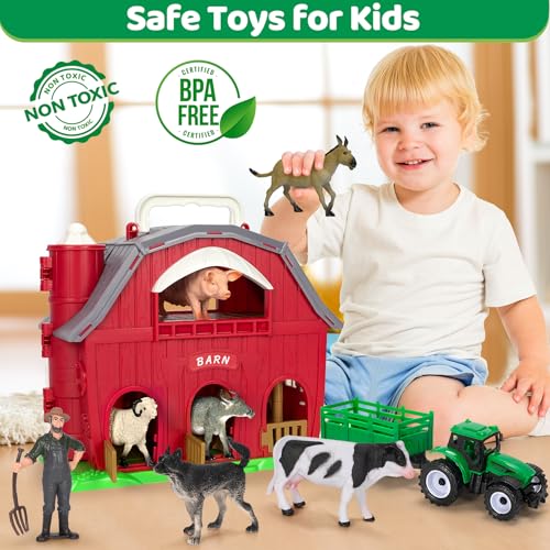 Ellinjan Farm Animals Toys for Toddlers Girls Boys, Big Red Barn Farm with Figures Animals and Tractor Toy for Kids 3 4 5, Farm Playset Educational Learning Toys, Ideal Christmas Birthday Gifts