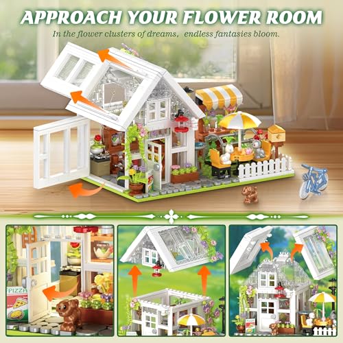 Flower House Building Block for Adults, Garden Architecture Building Toy with LED, Greenhouse Model Building Set, Garden Glass House Building Kit, Christmas & Ideal Gift for Kids 12+ (1188pcs)