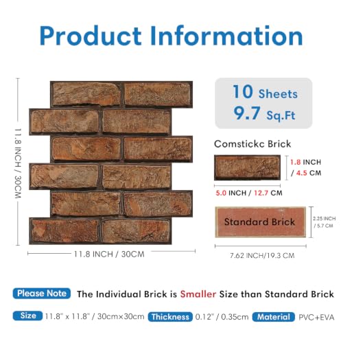 COMSTICKC 3D Peel and Stick Faux Brick Wall Panels for Quick DIY Wall Decor - color: Reddish brown -1