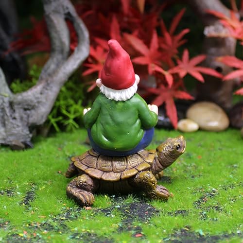 Mini Turtle Gnome Statue for Fairy Garden, Hand-Painted Meditation Gnome on Turtle, Tiny Gnome Figurine Plant Pot Decor, Fairy Garden Miniatures & Accessories, 3 x 2.6 x 2.2 Inches - color: Meditating Gnome Turtle