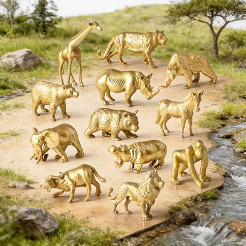 24pcs Gold Animal Figurines Toys, Plastic Safari & Farm Animals Figures, Miniature Zoo Jungle Animals for Cake Toppers Birthday Gift Party Decoration