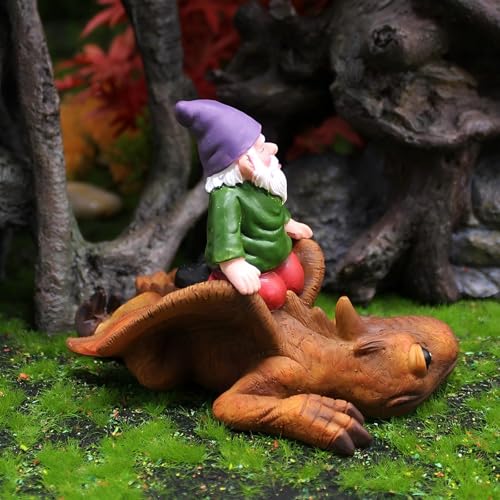 Garden Gnome Riding Dragon Statue, Hand-Carved Original Design, 4.7x3.5 Inch Funny Outdoor Decor, for Dinosaur Lovers, Boys, Fantasy Garden Figurine - style: Gnome Riding Dragon