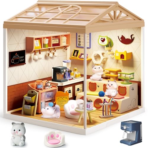 Cute Cat Cafe DIY Miniature House Kit with Roof & LED Light, Stackable & Connectable Dollhouse Kit with Dustproof Door, Creative DIY Crafts Building Toy Gift for Adults Teens - color: Cat Cafe, size: Meduim