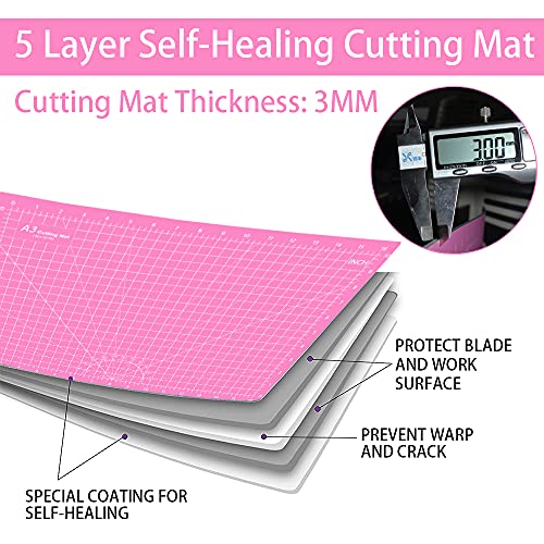 Headley Tools 18"x12" Thickened Self Healing Cutting Mat, A3 Rotary Cutting Sewing Mat for Crafts, Double Sided 5-Ply Table Cutting Board for Fabric Quilting Art Hobby Project, Pink/Purple - color: Pink/Dark Purple, size: 17.7"L x 11.8"W