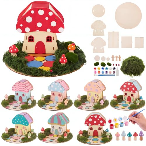 Kathfly 8 Sets Wooden Fairy House DIY Craft Kit for Kids with Paints & Decorations,Unpainted Miniature Garden Accessories for Home Event Party Decorations, Arts Birthday Party Favor (Mushroom Houses) - color: Mushroom Houses