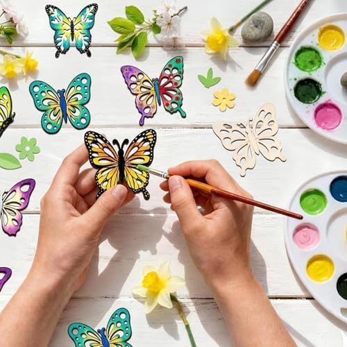 80PCS Unfinished Ornament Wood Crafts, Painting Blank Wooden Cutouts - color: Butterfly