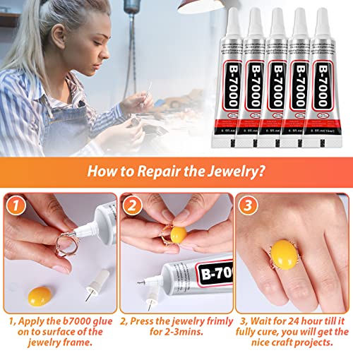 B7000 Clear Adhesive with Precision Tips, 5 PCS B-7000 Jewelry Bead Glue for Diamond Rhinestone Applicator Tools Set - Strength Adhesive for Nail Art DIY Crafts Clothes Shoes Bags - color: 5x15 ML/ 0.5 oz