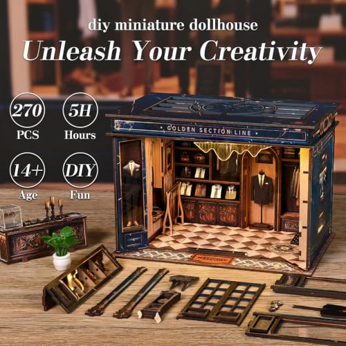 fifijoy DIY Miniature Dollhouse Kit - 3D Wooden Puzzle Book Nook Kit with LED Light, Miniature House Bookshelf Insert Decor for Adults, Creative Gift for Family and Friends (Golden Section Line) - color: Golden Section Line
