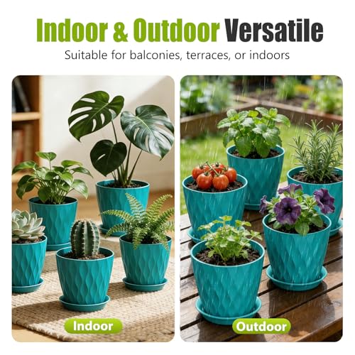 8 Inch Plastic Plant Pots,Set of 5 Flower Pots,Planters with Drainage Holes & Saucers, Indoor Outdoor Garden Pots for Home Decor(Blue-Green) - color: Blue-green