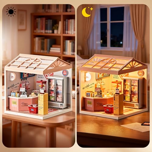 24-Hour Convenience Store DIY Miniature House Kit with Roof & LED Light, Stackable & Connectable Dollhouse Kit with Dustproof Doors, Creative DIY Crafts Building Toy Gift for Adults Teens - color: Convenience Store, size: Meduim