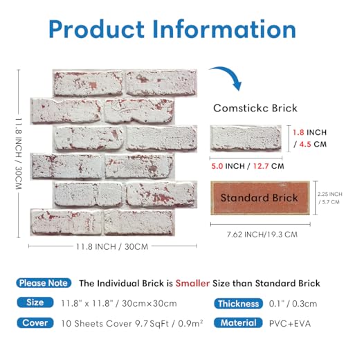 COMSTICKC 3D Faux Brick Wall Panels Peel and Stick, 10 Pcs 11.8" x 11.8" - color: Whitewash - 1