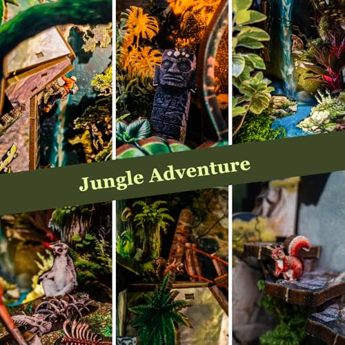 fifijoy Jungle Adventure Book Nook Kit - DIY Miniature Dollhouse Booknook for Adults, 3D Wooden Puzzle Bookend Bookshelf Decor with LED Light and Sound Effects, Creative Gift for Family, Friends - color: Jungle Adventure