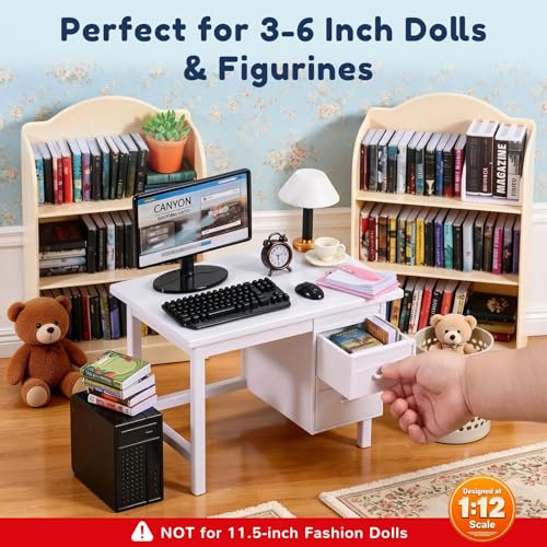 KIMO 1:12 Scale Mini Furniture: Desk Set w/PC, Bookshelf & Mini Books - color: Warm Beige