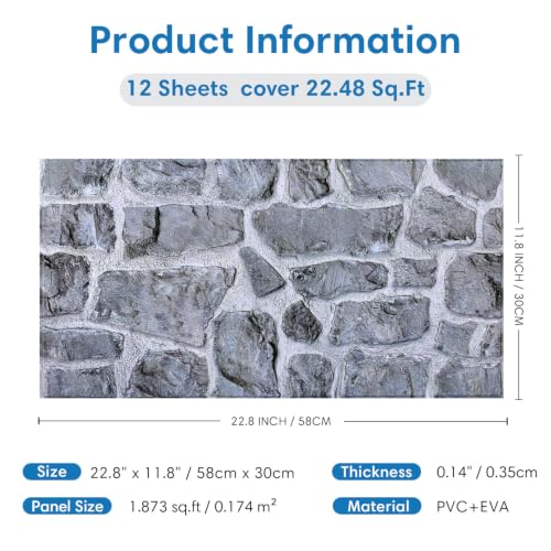 3D Faux Stone Wall Panels Peel and Stick, 12 Pcs 22.8" x 11.8" - color: Faux Gray Stone -B