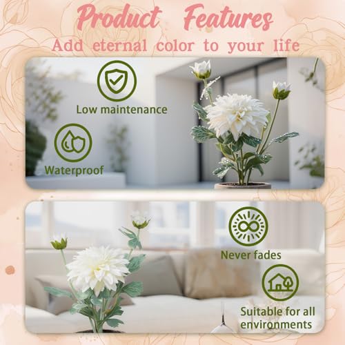 White Artificial Dahlia Flowers in Pot, Faux Floral Decor - color: Dahlia White