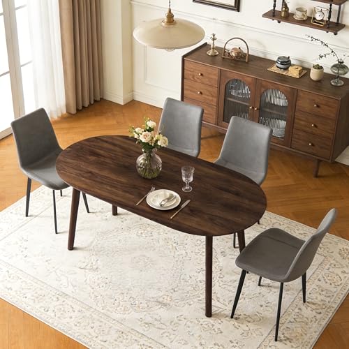 63" Oval Dining Table Set for 4 with Solid Wood Legs - color: Walnut Table Grey Chairs