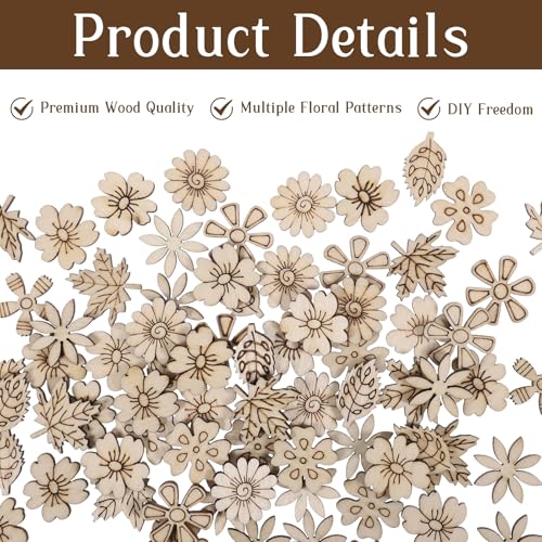 100 PCS Unfinished Wood Flowers Wood Slice Leaf Pattern Cutouts Mini Wooden Handmade Craft Decoration Supplies DIY Art Project Wooden Pieces Scrapbook Embellishments