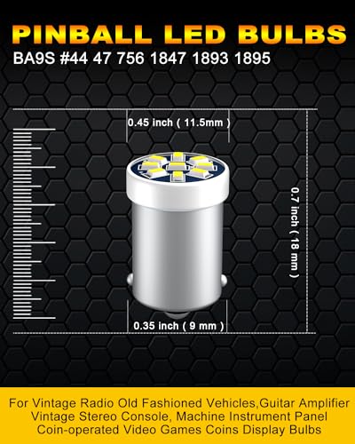 Qasim GE44 47 1893 BA9S Led Bulb Pinball Machine Light AC 6V 6.3V - color: White