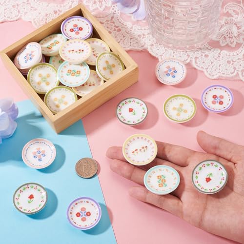 FASHEWELRY 24Pcs Mini Plates Dollhouse Miniature Accessories Resin Plate with Flower Pattern Playhouse Dishes Kitchen Tableware Models for Micro Landscape Decoration Pretend Kitchen Play Game - color: Round Plate With Floral